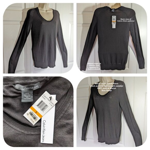 NWT Calvin Klein black pullover lightweight Sweater, Size S, Scoop neck, Sleeves - Picture 8 of 11